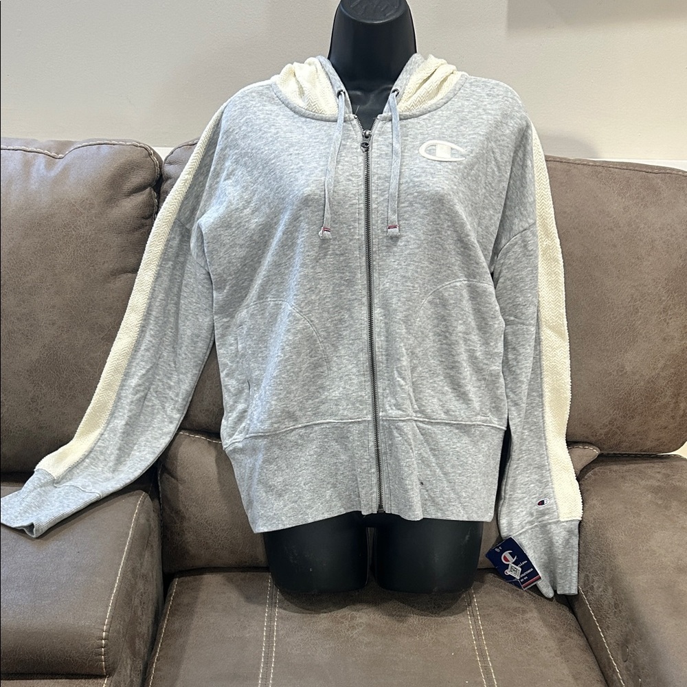 Champion Light Gray and Cream Women's Zip-Up Hoodie